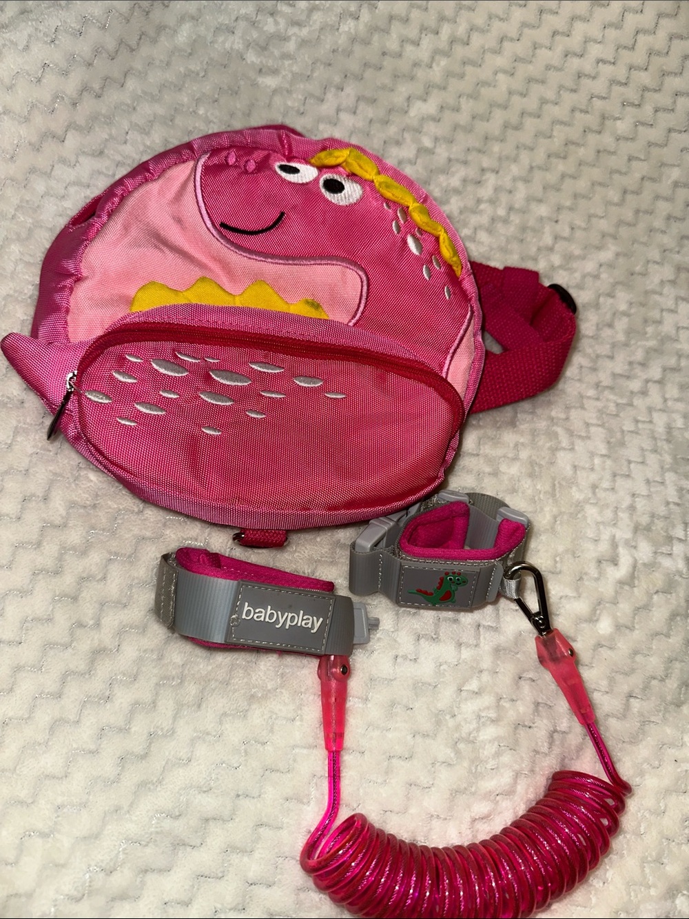 Pink Kids Safety Harness Wrist Link with Pink Dino Backpack